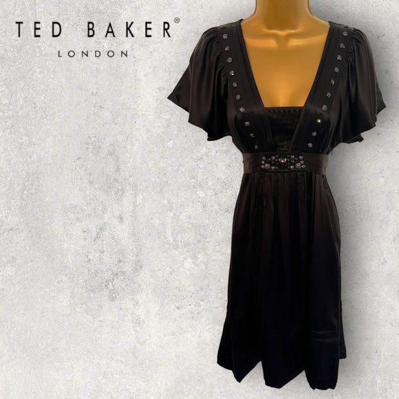 Ted Baker Dresses & Skirts - Ted Baker Womens Black Silk Beaded Flutter Sleeve Party Dress Size 2 UK 10